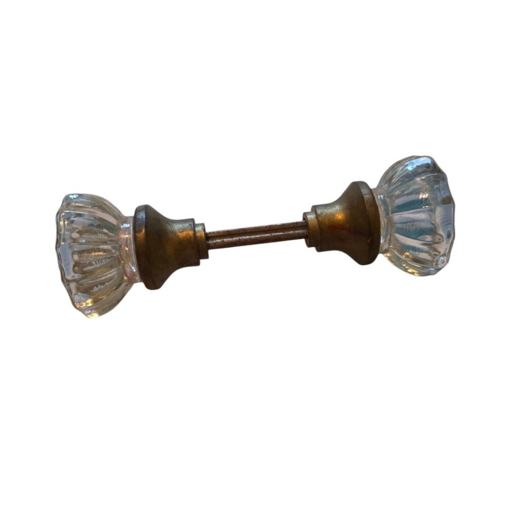 Vintage Crystal 12 Point Glass Door Knob Handles With Spindle & Brass Rosettes